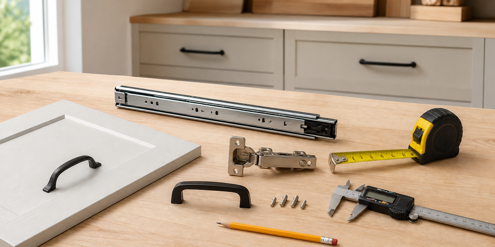 Cabinet hardware, drawer slides, hinges, shelf pins and measuring tools laid out on a workbench